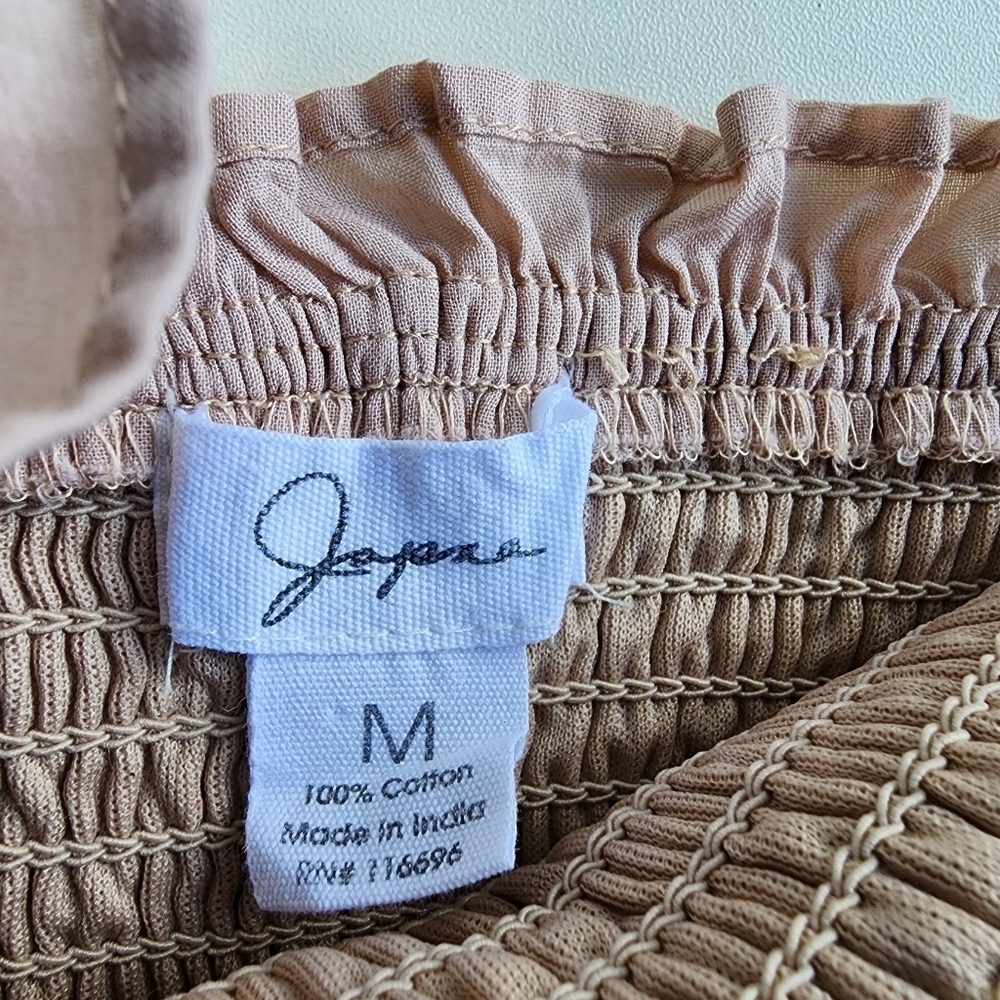 Japna Women's Beige Ruffled Smocked Stretch Eyelet Top Blouse Cotton Sz M - Picture 11 of 11
